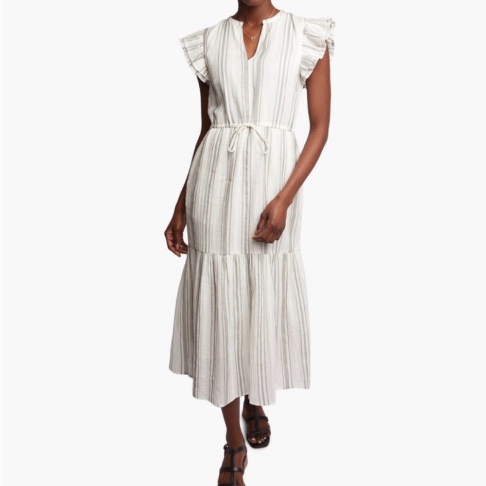ABLE | White Grey Striped Caralyn Dress size 2X Midi Flutter Sleeve V-Neck Gauzy